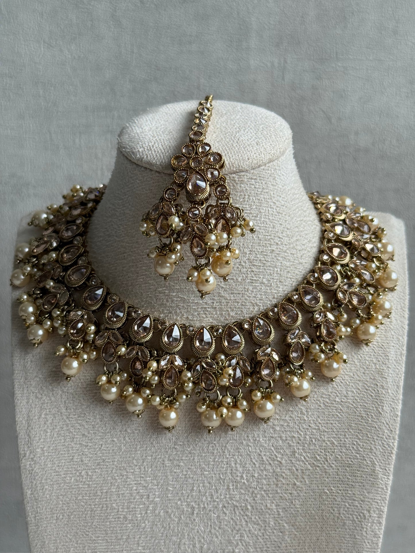 Ayura Designs Rameen Set – Necklace, Earrings & Tikka with Champagne Stones, Ivory Pearls & Antique Gold Finish
