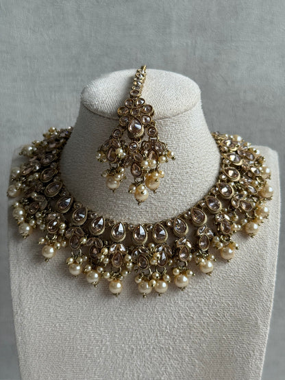 Ayura Designs Rameen Set – Necklace, Earrings & Tikka with Champagne Stones, Ivory Pearls & Antique Gold Finish