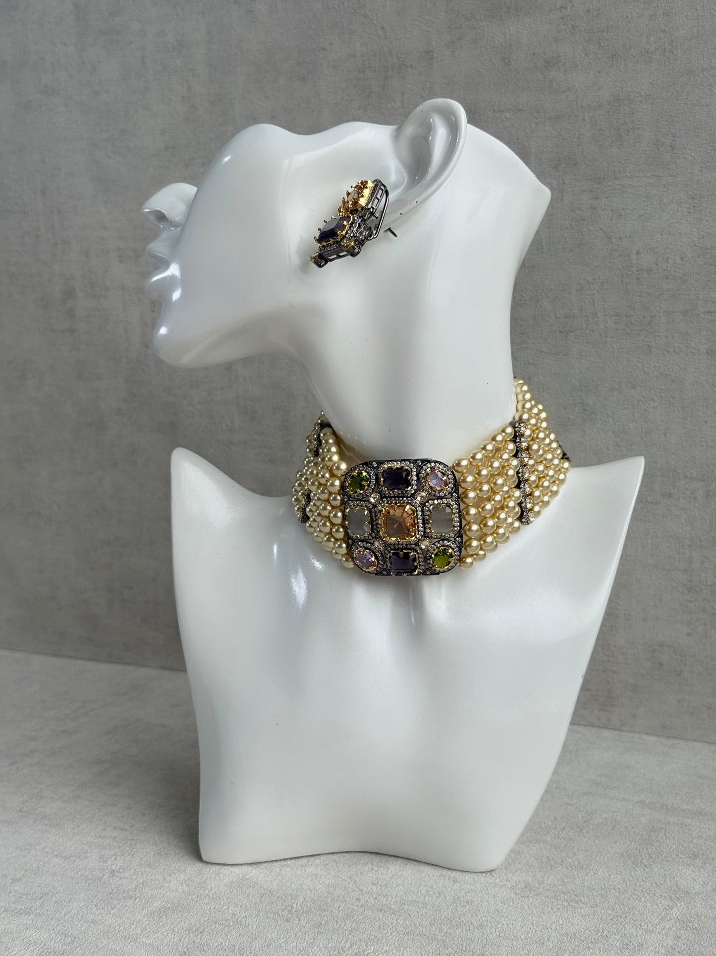 Ayura Designs Amelia Choker Set with Earrings – Moissanite Stonework with Layered Pearls in Antique Silver Finish (Soft Pastel Mix)