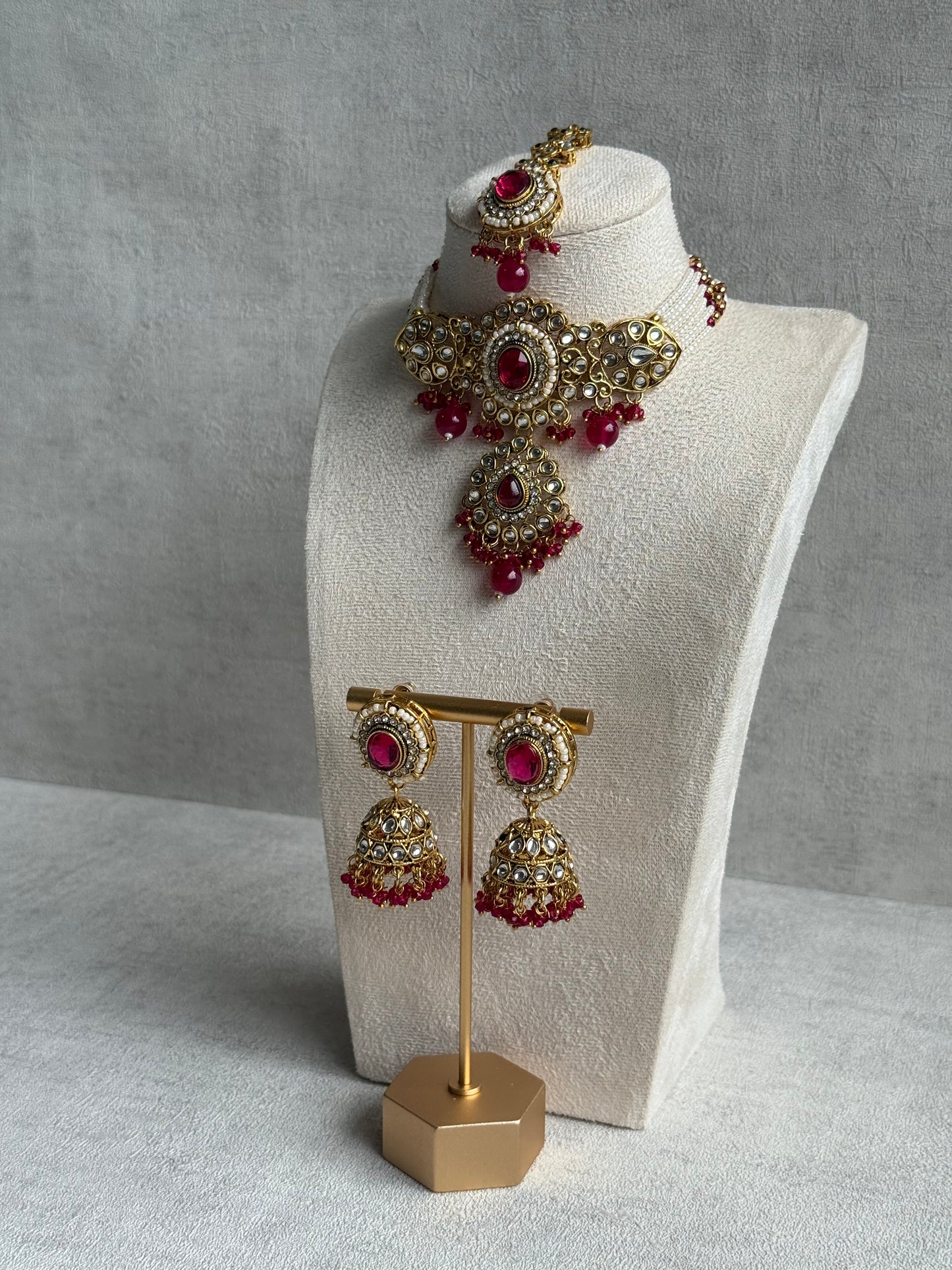 Ayura Designs Muskaan Set – Choker, Jhumkis & Tikka with Fuchsia Beads, Kundan Stones & Antique Gold Finish