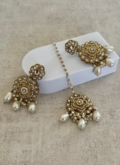 Ayura Designs Suroor Set – Antique Gold Kundan & Pearl Ensemble with Earrings & Tikka