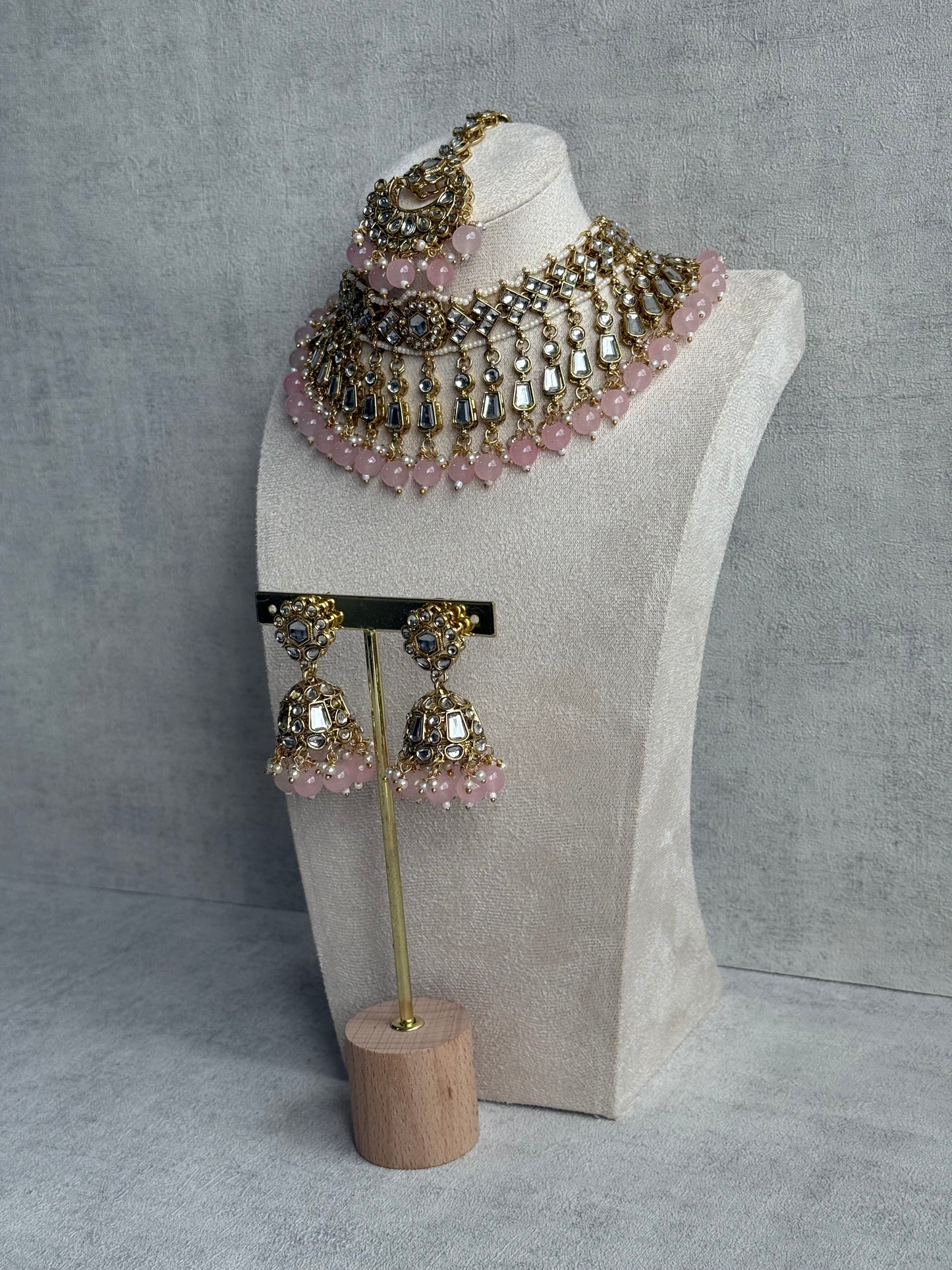 Ayura Designs Shaheen Set with Jhumkis & Tikka – Blush Pink Beads, Mirror Kundan & Gold Finish