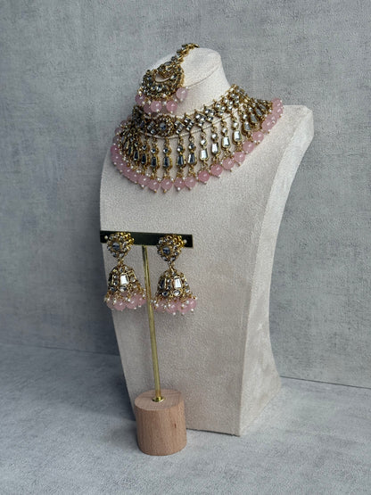 Ayura Designs Shaheen Set with Jhumkis & Tikka – Blush Pink Beads, Mirror Kundan & Gold Finish