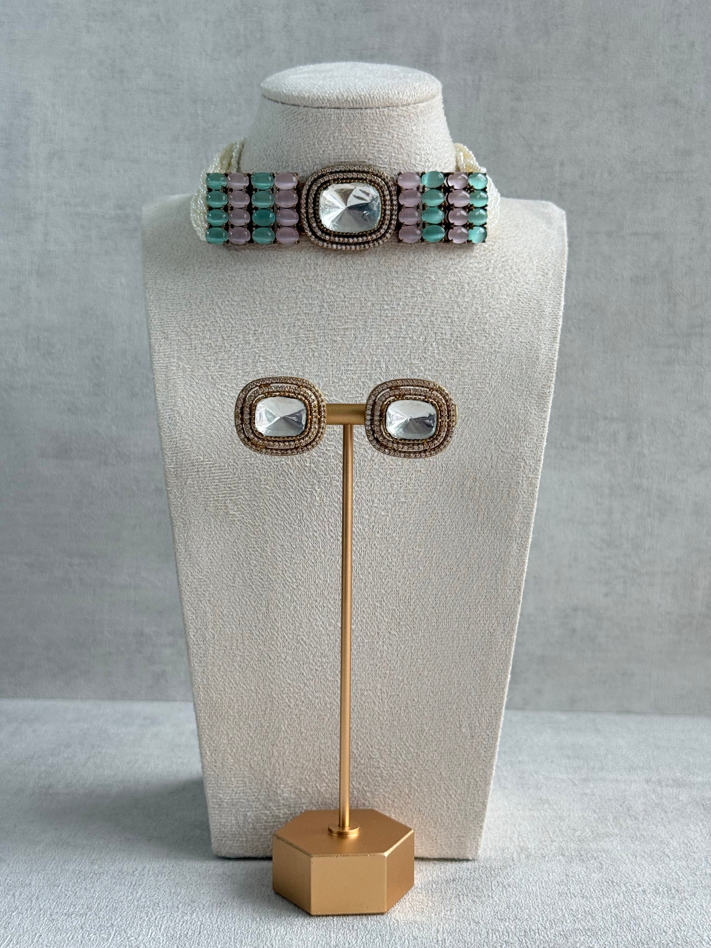 Ayura Designs Emma Choker Set – Mint Green & Blush Pink Gemstone Choker & Studs with Mirror-Cut Centrepiece, Pearl Strands & Crystal Borders