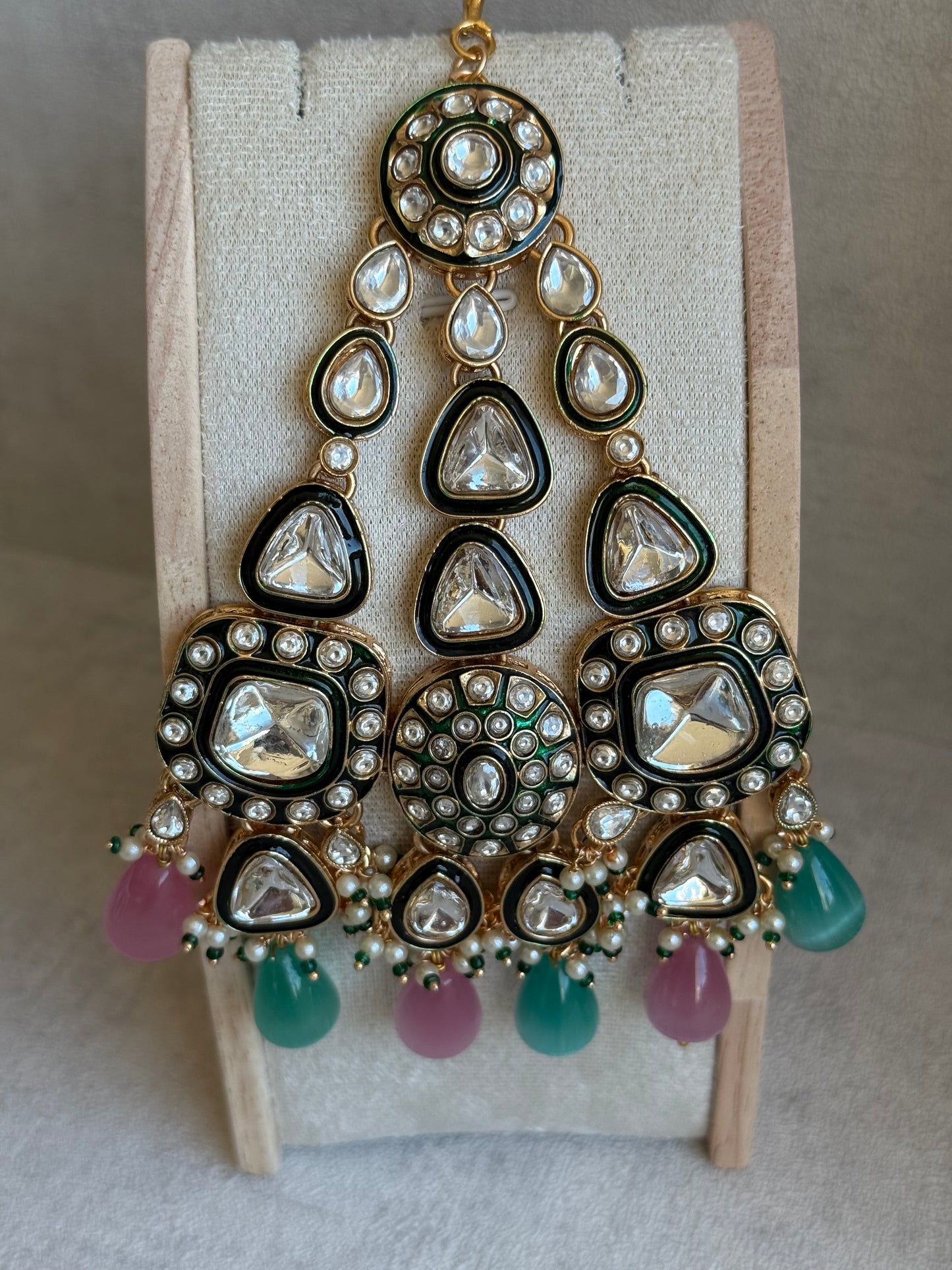 Ayura Designs Sumaira Set with Passa – Necklace, Earrings, Tikka & Passa with Kundan, Green Meenakari Detailing & Aqua-Pink Drops