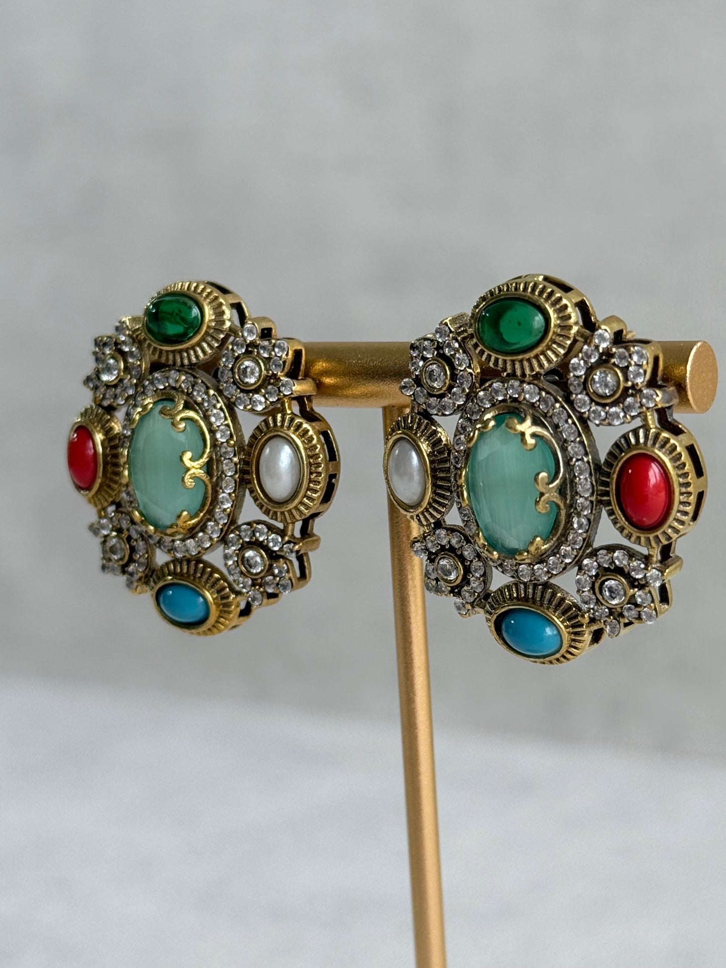 Ayura Designs Celia Stud Earrings – Sea Green & Multicolour Stones with Gold Finish