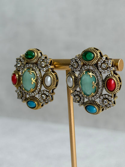 Ayura Designs Celia Stud Earrings – Sea Green & Multicolour Stones with Gold Finish
