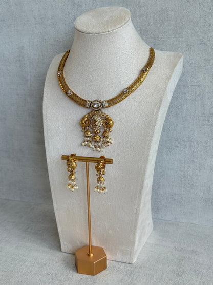 Ayura Designs Wadha Collar Necklace Set with Earrings – Gold Elephant Pendant & White Crystal Detailing