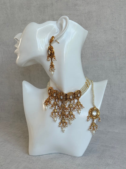 Ayura Designs Mohak Choker Set with Earrings & Tikka – Gold Waterfall Design with Kundan & Pearl Drops