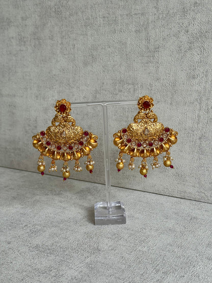 Ayura Designs Neera Earrings in Antique Gold with Red Glass Stones, Mirror-Cut Polki & Pearls