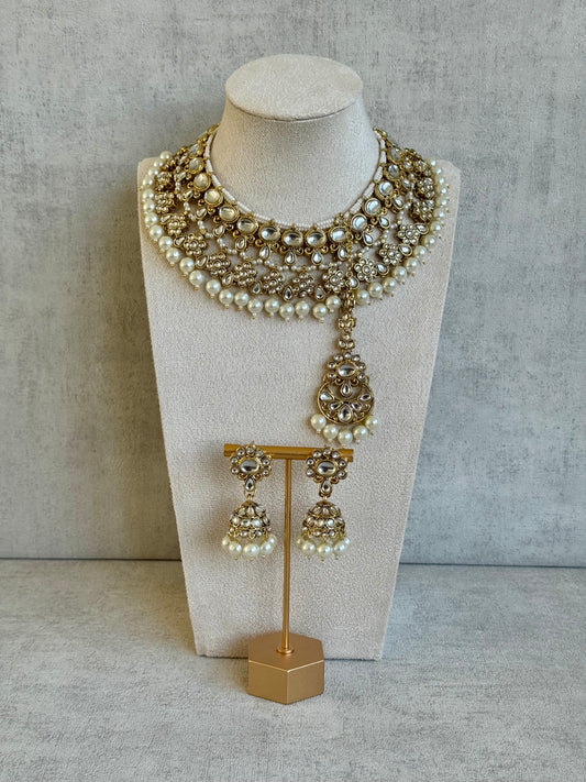Ayura Designs Tehzeeb Set – Necklace, Tikka & Jhumkas in Antique Gold and Pearls