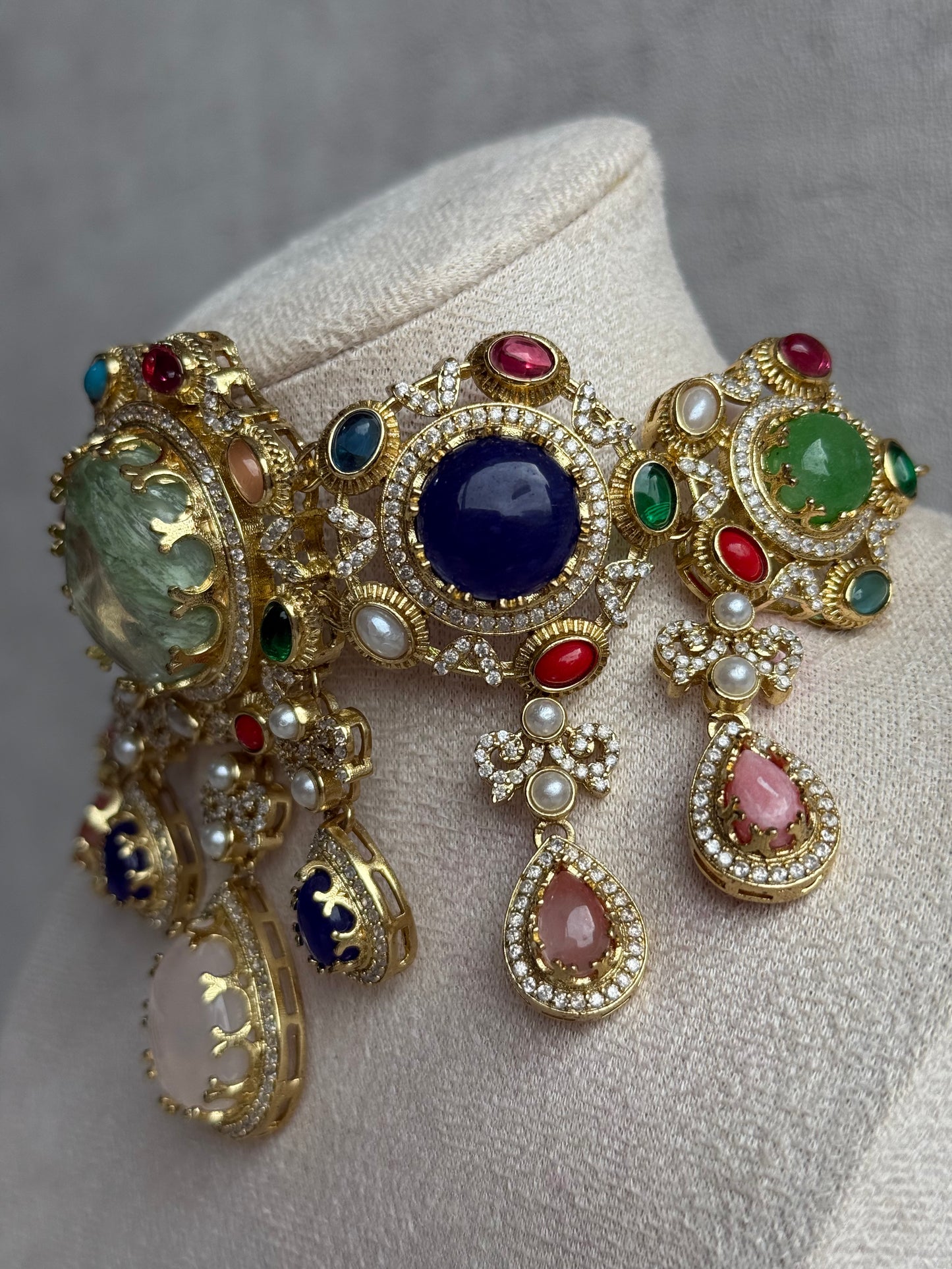 Ayura Designs Willow Choker Set – Statement Multicolour Stone Choker with Pearls & Antique Gold Detailing