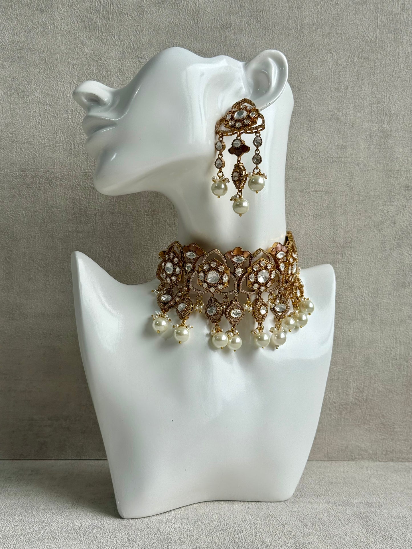 Ayura Designs Serina Choker Set with Earrings – Nude Blush Enamel, Mirror-Cut Stones & Pearl Drops