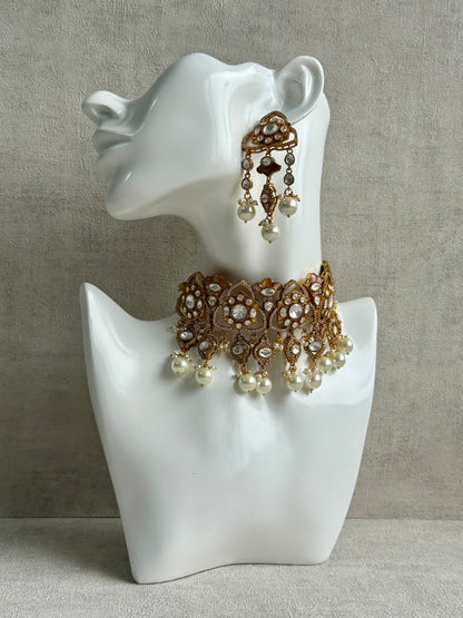 Ayura Designs Serina Choker Set with Earrings – Nude Blush Enamel, Mirror-Cut Stones & Pearl Drops