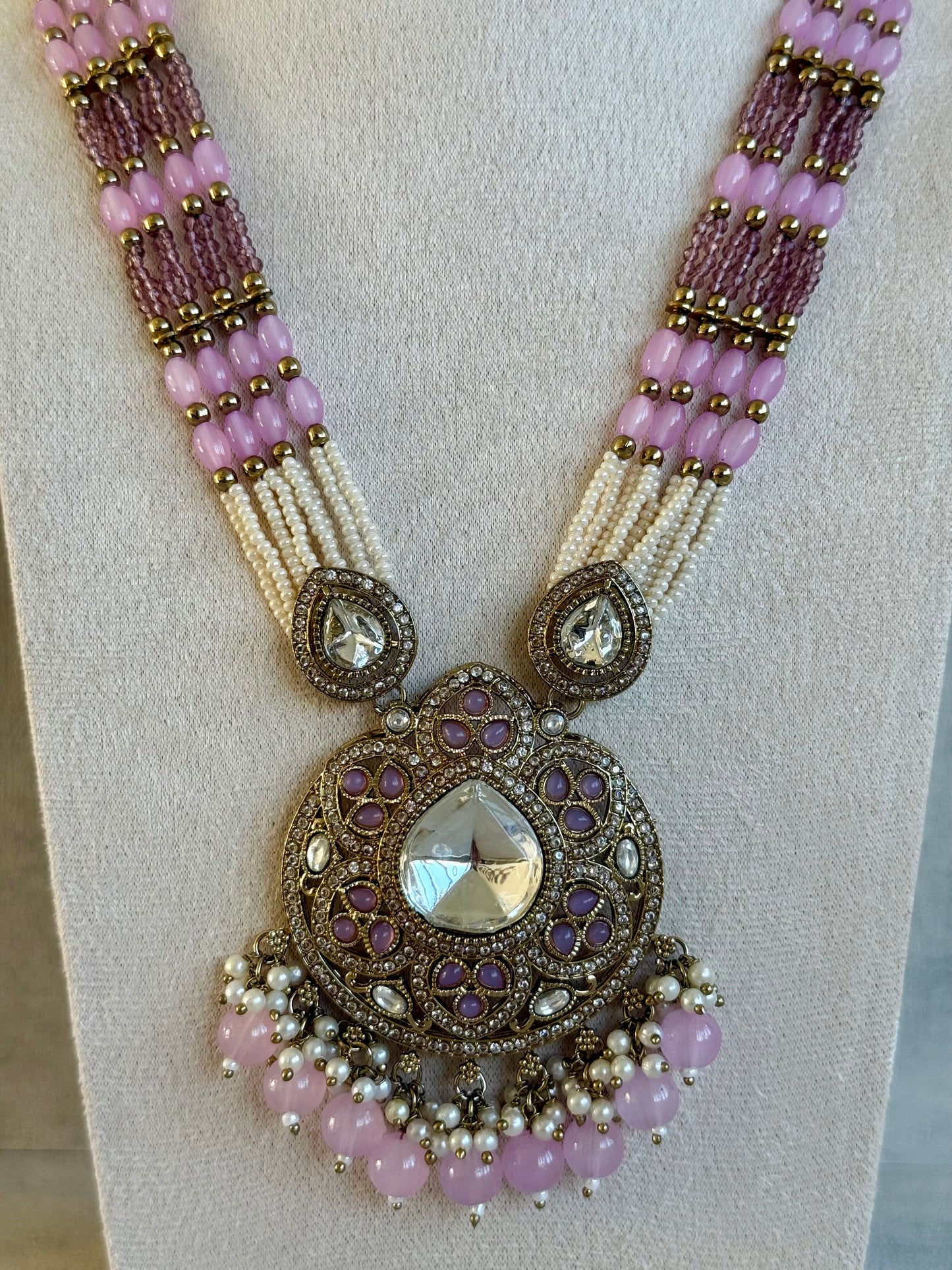 Ayura Designs Brielle Set – Necklace & Jhumkis with Mirror-Cut Stones, Dual-Tone Lilac & Ivory Beads