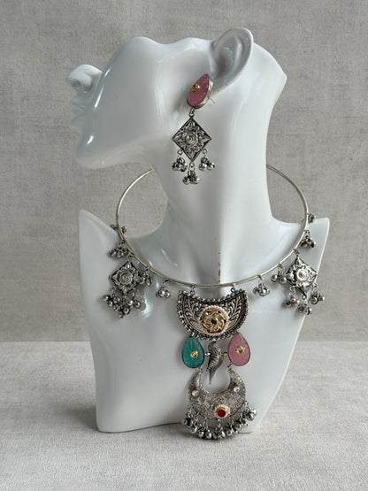 Ayura Designs Jiyana Collar Necklace Set – Blush Pink & Aqua Green Carved Teardrop Stones & Oxidised Silver Finish