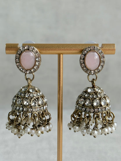 Ayura Designs Eira Necklace Set with Earrings & Tikka – Blush Pink & Crystal Stones with Antique Gold Finish