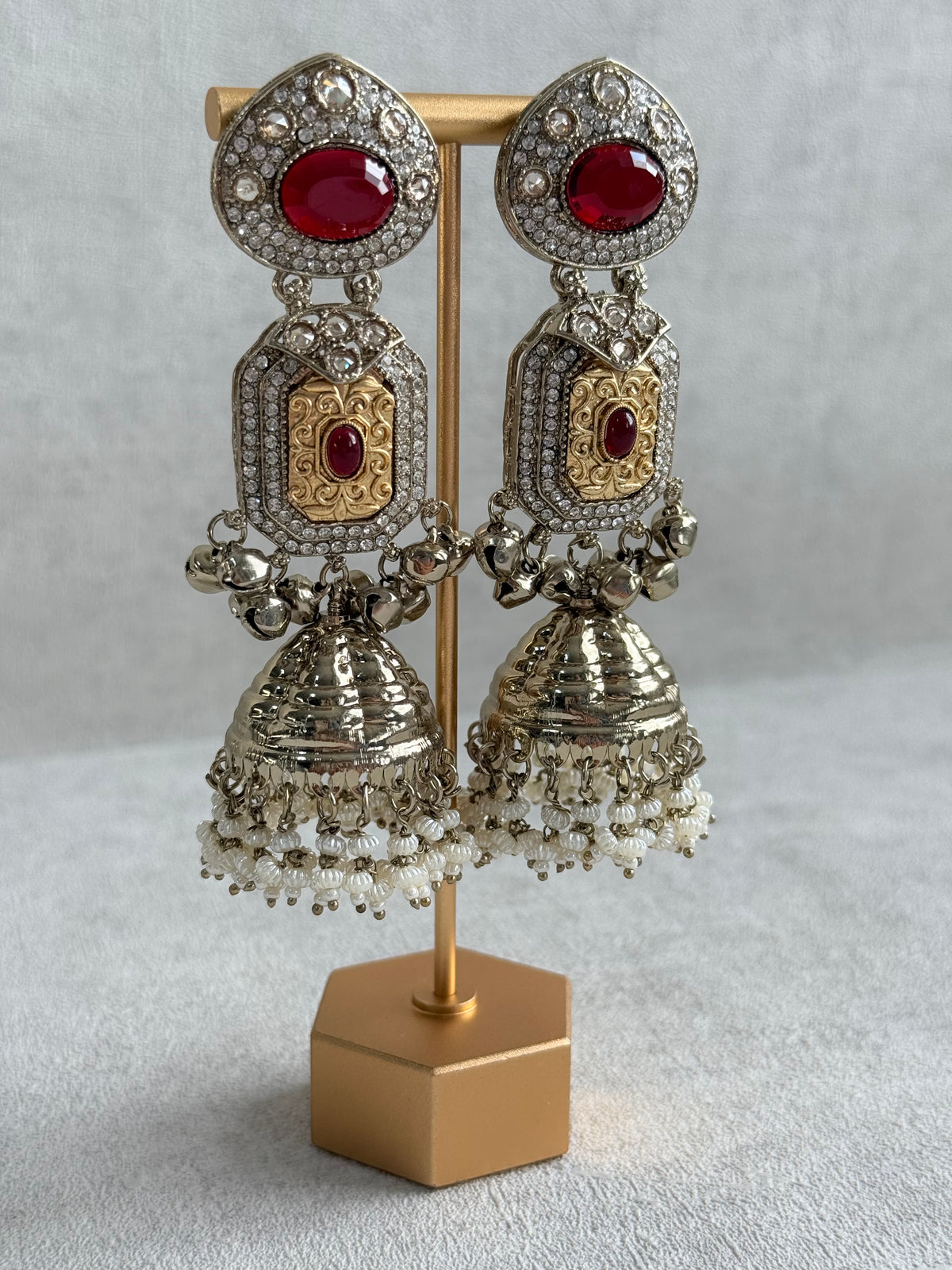 Ayura Designs Maara Jhumkis – Champagne Gold with Ruby Red Stones, Crystals, Ghungroos & Pearl Detailing
