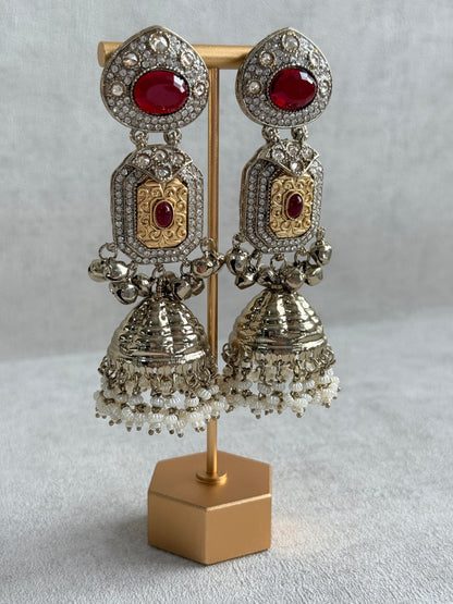 Ayura Designs Maara Jhumkis – Champagne Gold with Ruby Red Stones, Crystals, Ghungroos & Pearl Detailing