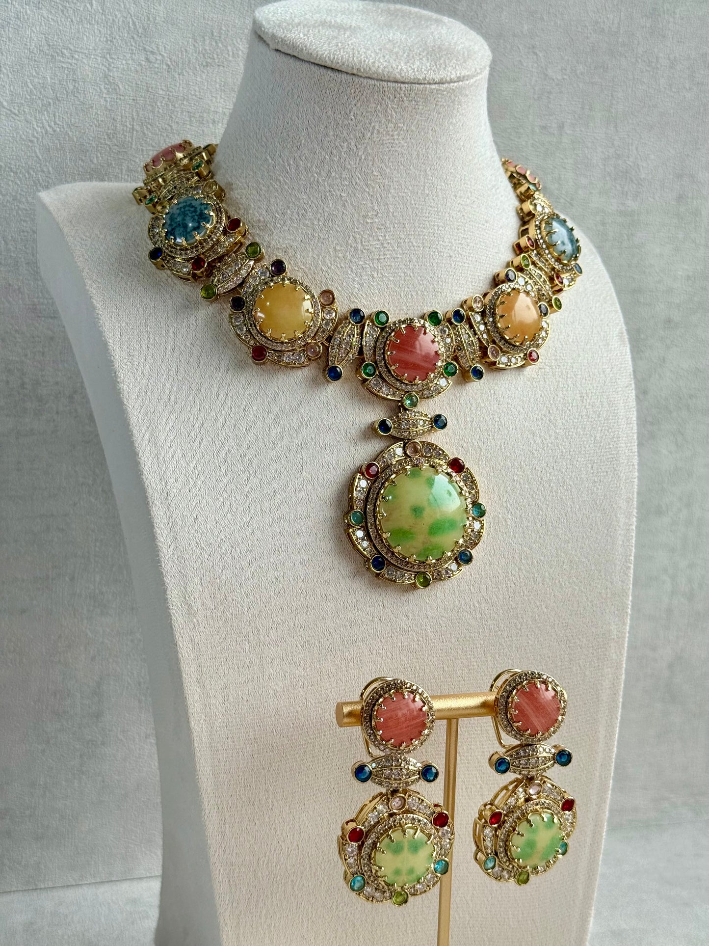 Ayura Designs Akira Set with Necklace & Earrings – Moissanite-Style Crystals with Multicolour Stone Detailing