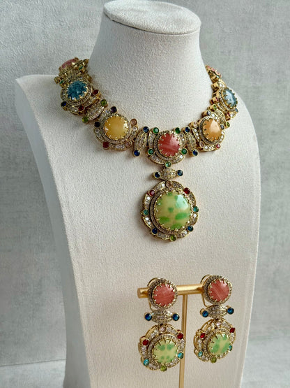 Ayura Designs Akira Set with Necklace & Earrings – Moissanite-Style Crystals with Multicolour Stone Detailing