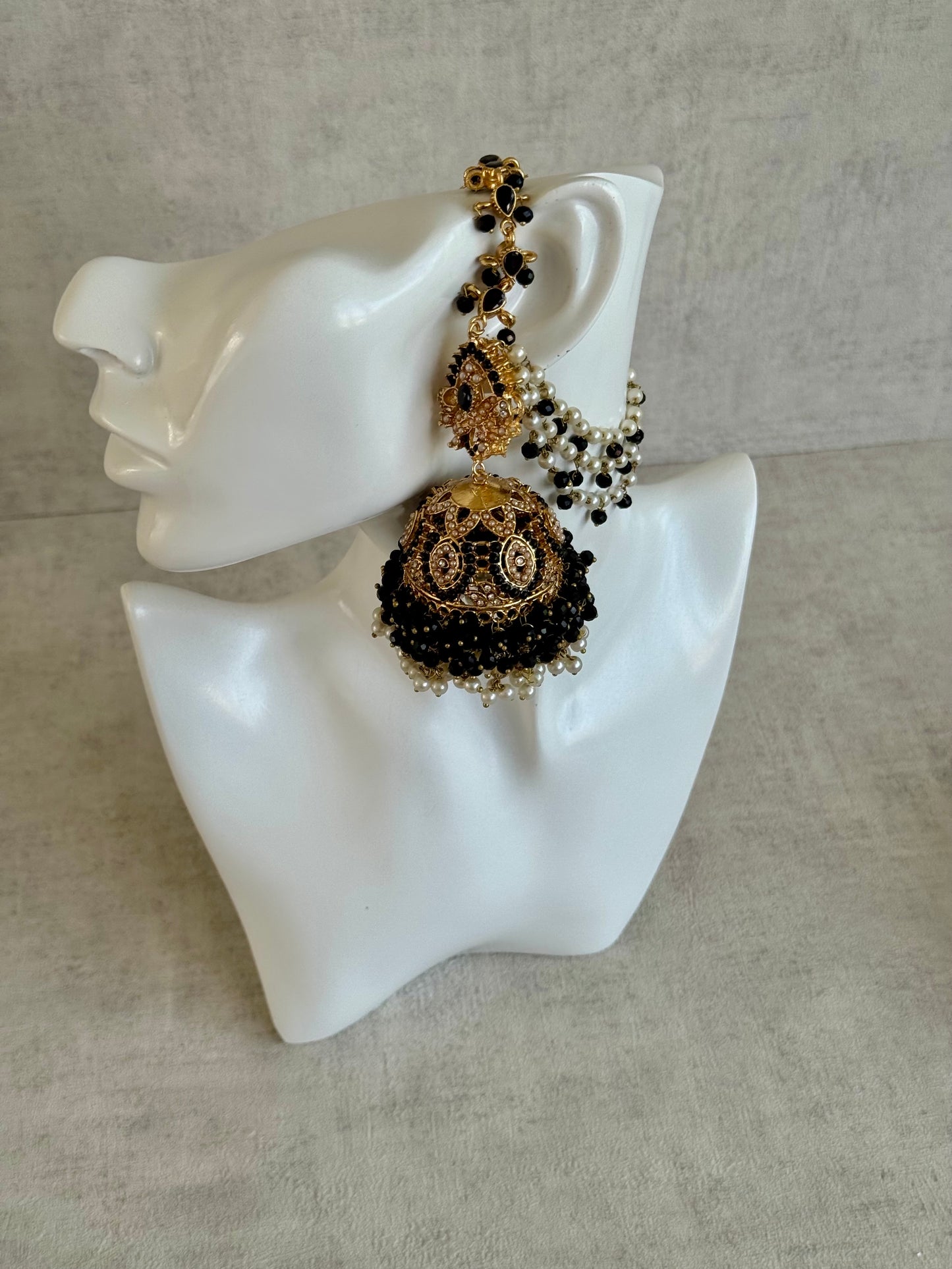 Ayura Designs Safia Tikka Set with Sahare Earrings – Black Beads & Champagne Crystals