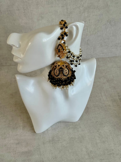 Ayura Designs Safia Tikka Set with Sahare Earrings – Black Beads & Champagne Crystals
