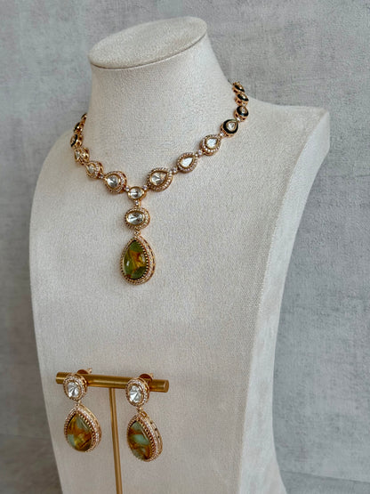 Ayura Designs Lilly Necklace Set with Earrings – Moissanite Stones with Marble Green Teardrop Pendant & Crystal Detailing