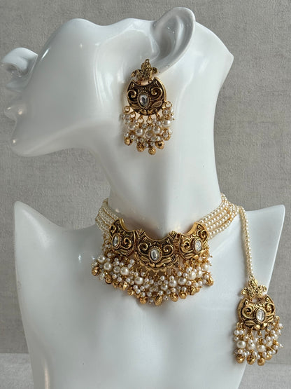 Ayura Designs Sneha Choker Set with Earrings & Tikka – Ivory Beads, Layered Pearl Detailing, Ghungroos & Antique Gold Finish