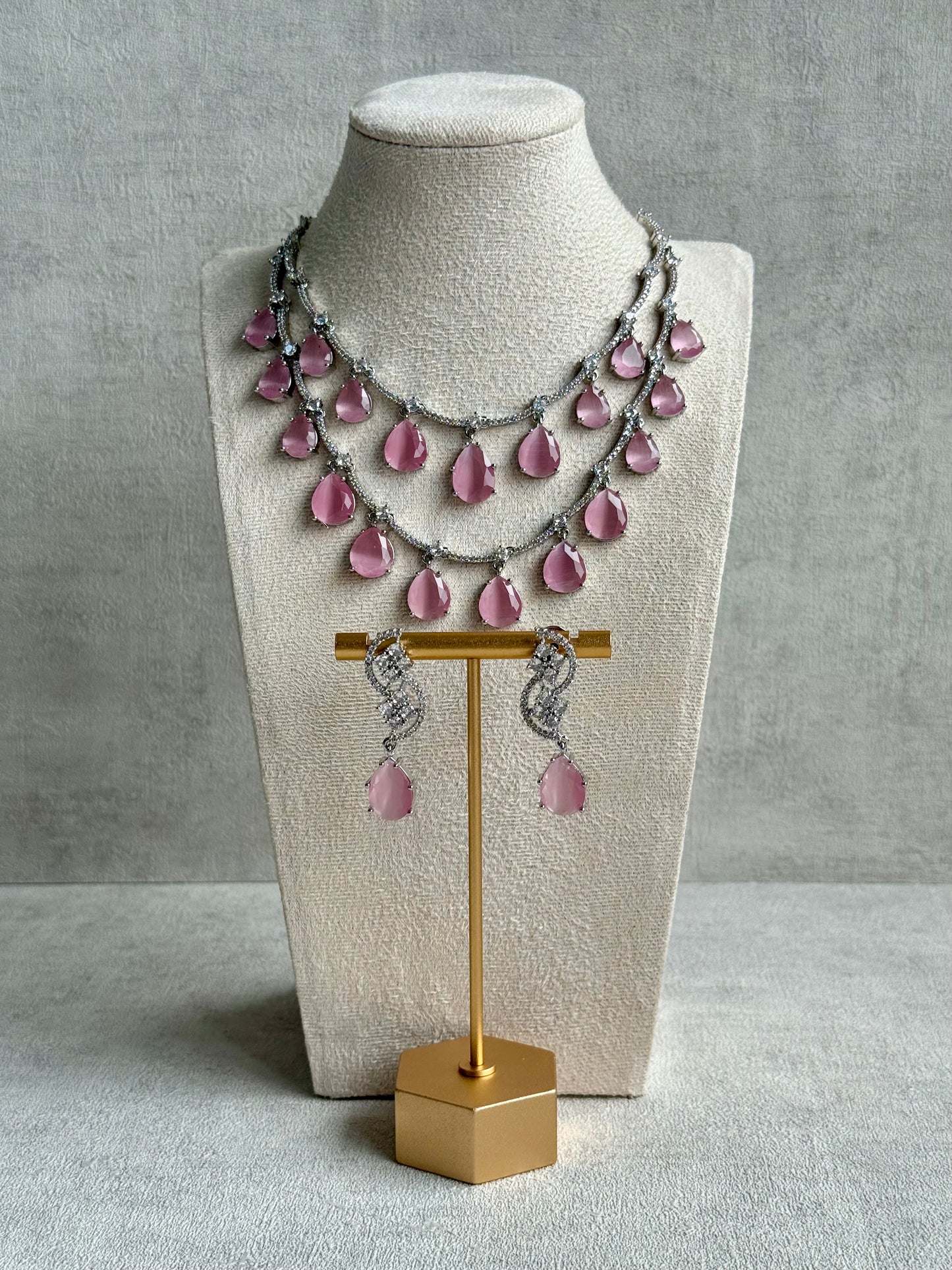 Ayura Designs Nida Set with Necklace & Earrings – Blush Pink Stones, Diamond-Cut Accents & Silver Finish