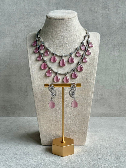 Ayura Designs Nida Set with Necklace & Earrings – Blush Pink Stones, Diamond-Cut Accents & Silver Finish