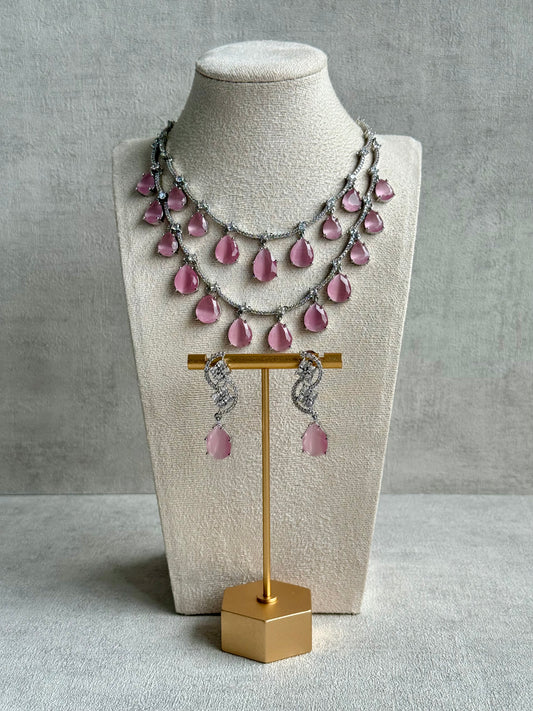 Ayura Designs Nida Set with Necklace & Earrings – Blush Pink Stones, Diamond-Cut Accents & Silver Finish
