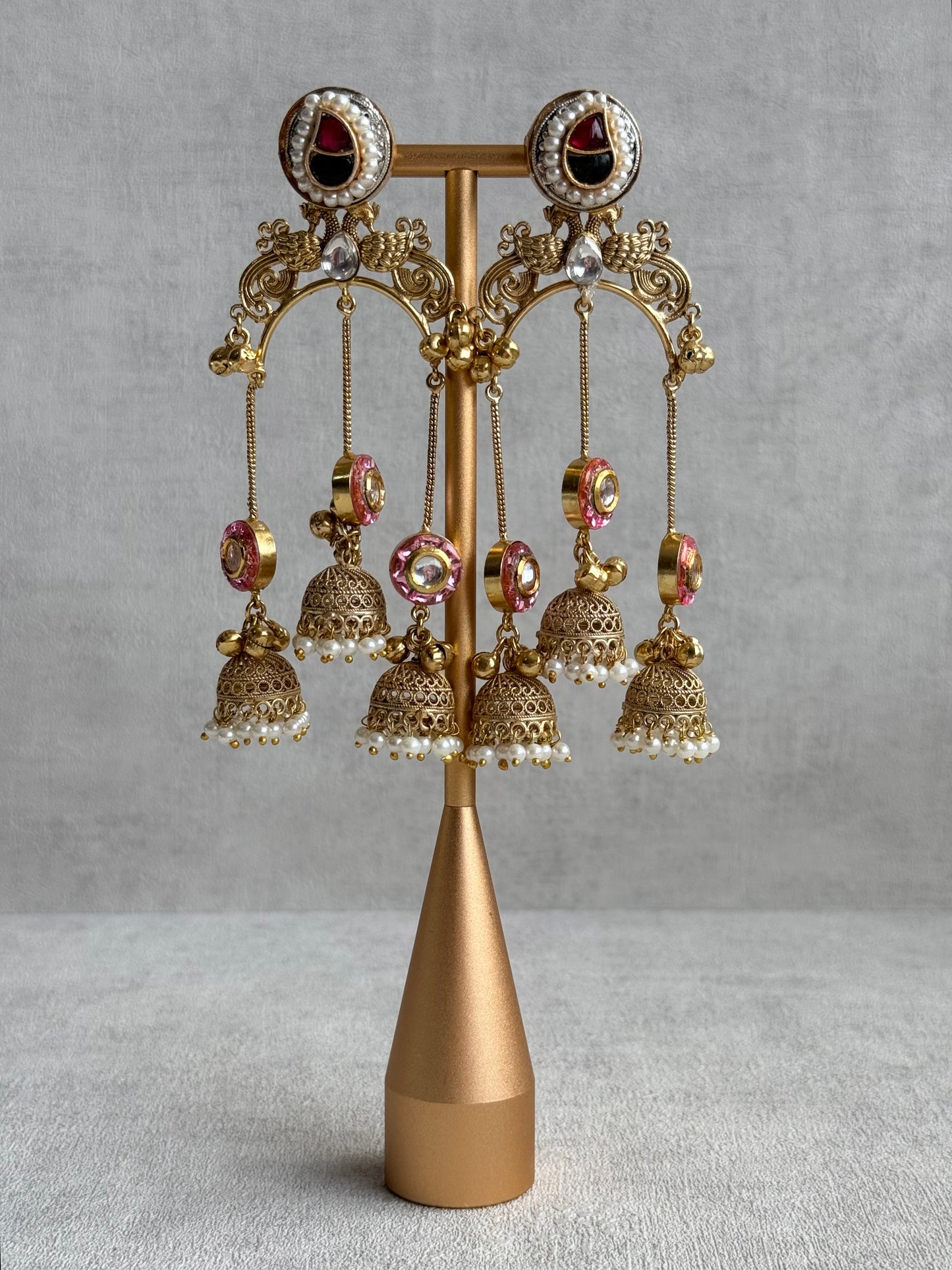 Ayura Designs Arzina Earrings – Triple Jhumki Earrings with Blush Pink Stones, Pearl Borders & Gold Detailing