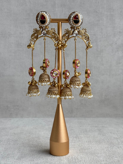 Ayura Designs Arzina Earrings – Triple Jhumki Earrings with Blush Pink Stones, Pearl Borders & Gold Detailing