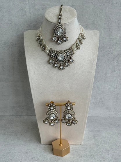 Ayura Designs Rahi Necklace Set with Earrings & Tikka – Ivory Pearl Stones with Mirror-Cut Detailing & Pearl Strands