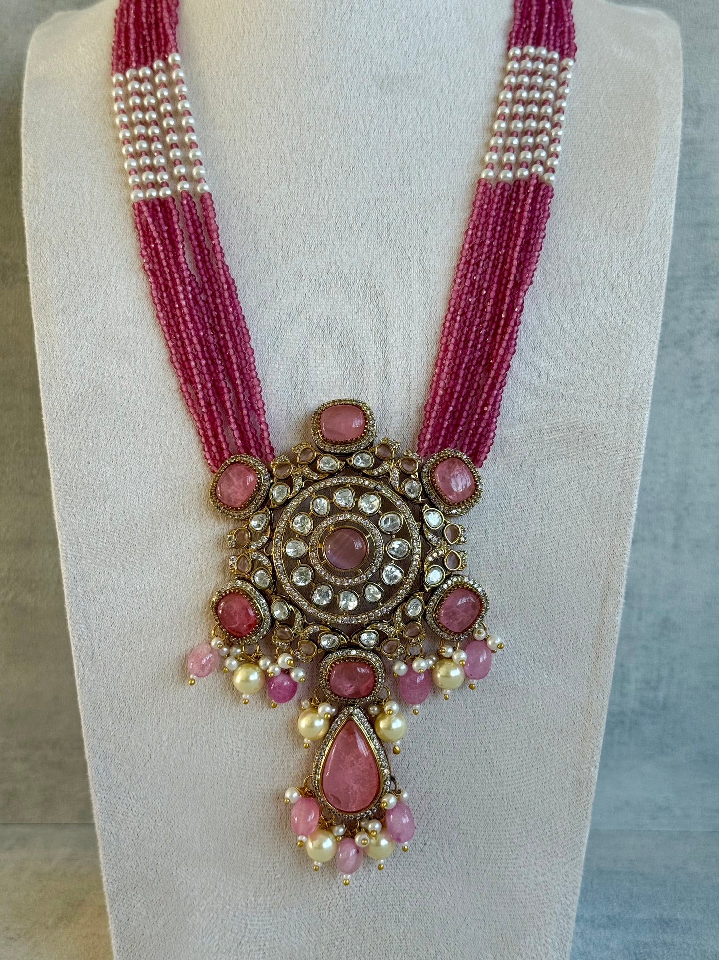 Ayura Designs Julia Set – Kundan Necklace & Earrings with Rose Pink Stones, Pearls & Crystal Detailing
