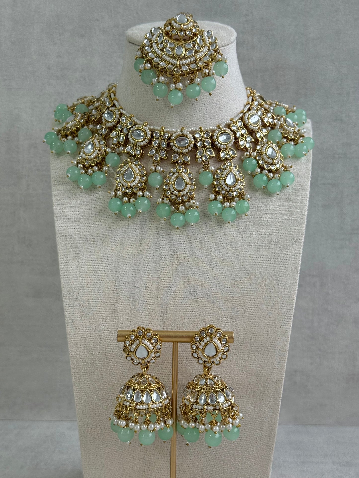 Ayura Designs Iyla Set with Necklace, Earrings & Tikka – Kundan Detailing, Ivory Pearl Drops & Mint Beads