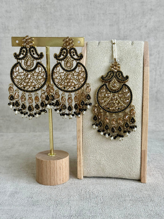 Ayura Designs Anvi Tikka Set with Earrings – Black with Champagne Stones & Pearl Drops