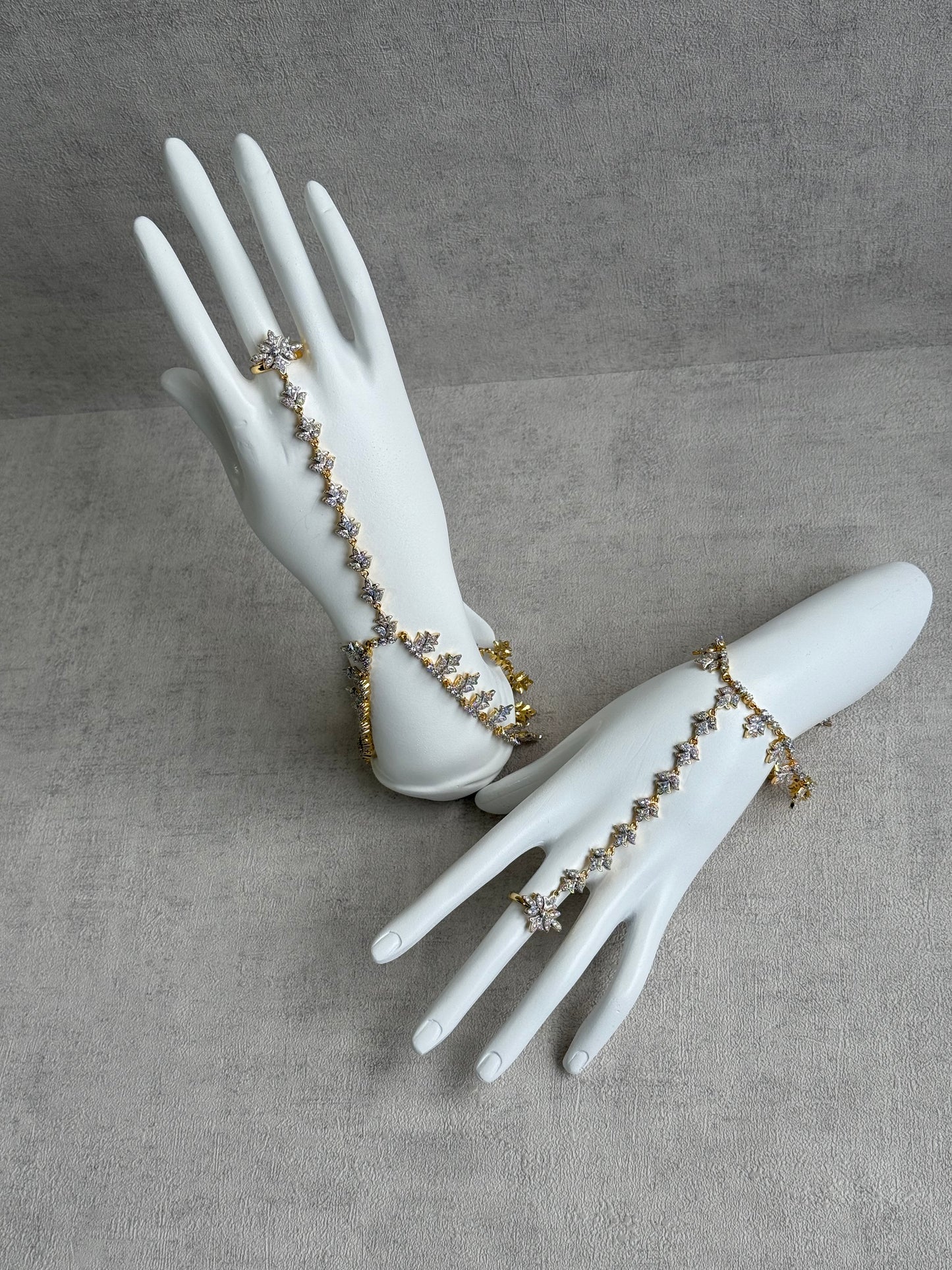 Ayura Designs Aagya Haathphool – Set of 2 Gold & Silver Ring-Bracelet Chains with Floral Diamond-Cut Detailing