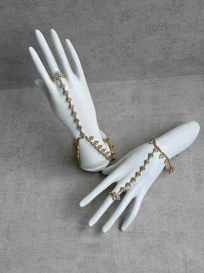 Ayura Designs Aagya Haathphool – Set of 2 Gold & Silver Ring-Bracelet Chains with Floral Diamond-Cut Detailing