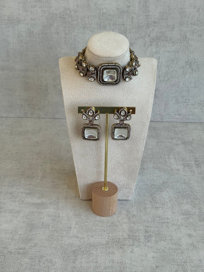 Ayura Designs Freya Choker Set with Earrings – Blush Pink Accents & Moissanite Stones in Antique Gold