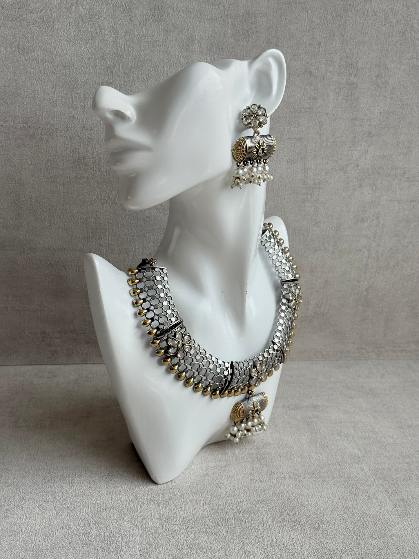 Ayura Designs Taal Necklace Set with Earrings & Tikka – Dual Tone Oxidised Mesh Necklace with Barrel Motifs & Pearl Detailing
