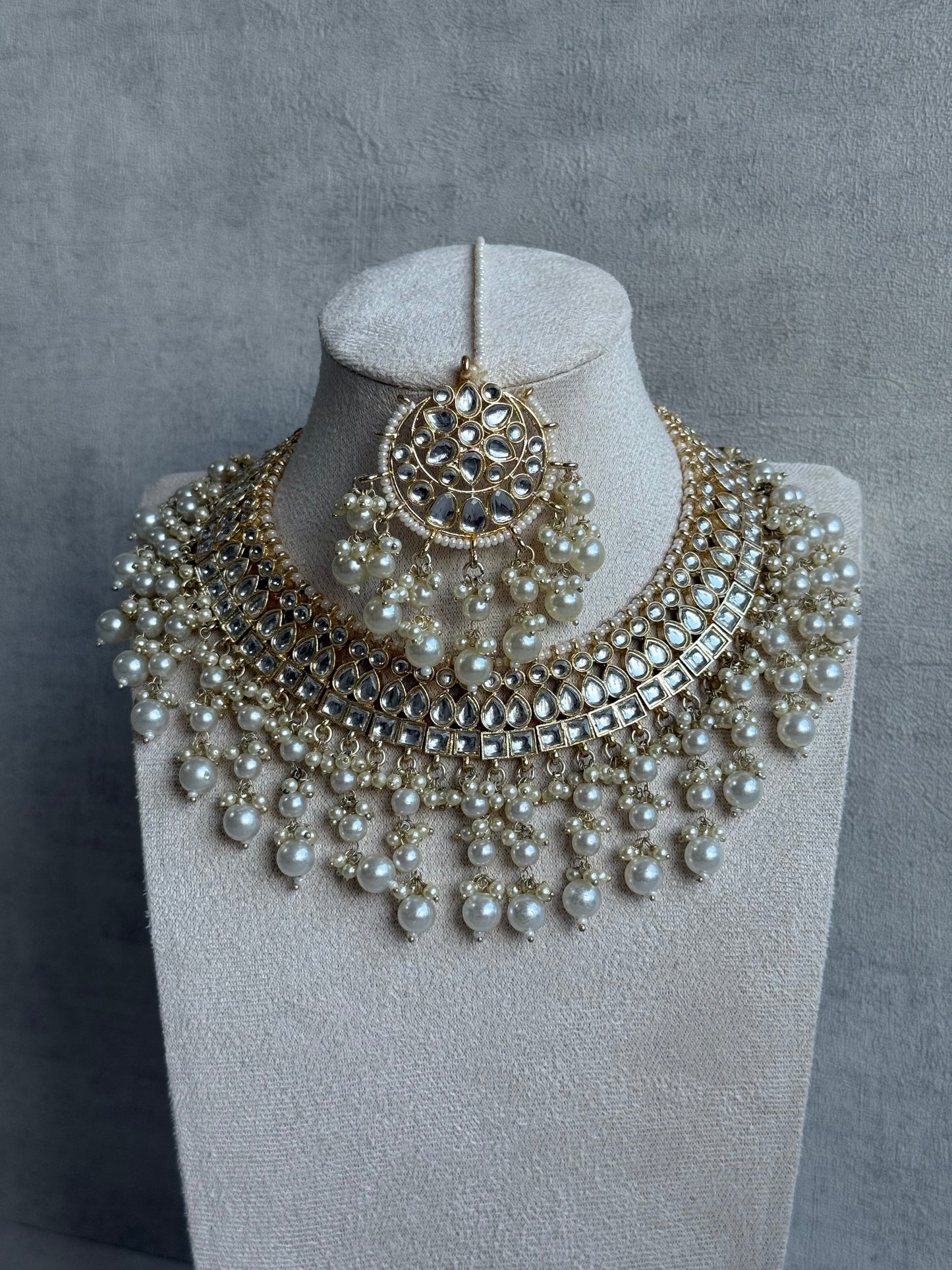 Ayura Designs Fakhra Set with Necklace, Earrings & Tikka – Mirror-Cut Stones, Pearl Detailing & Gold Finish