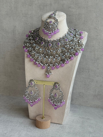 Ayura Designs Eknoor Set – Necklace, Tikka & Earrings with Lavender Beads, Pearls and Silver Finish