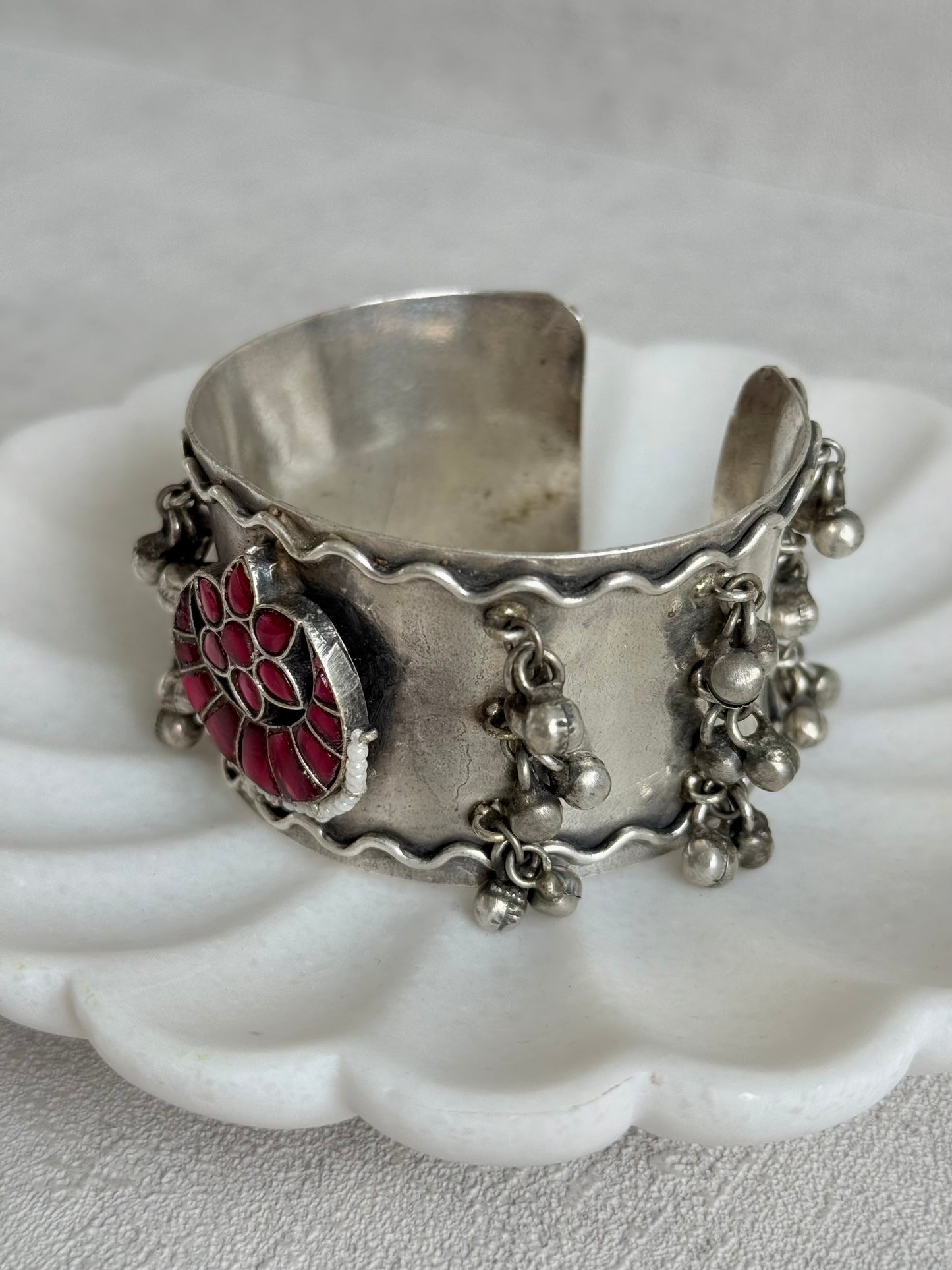 Ayura Designs Ketki Adjustable Cuff Bracelet – Ruby Pink Kundan Floral Motif & Ghungroo Detailing