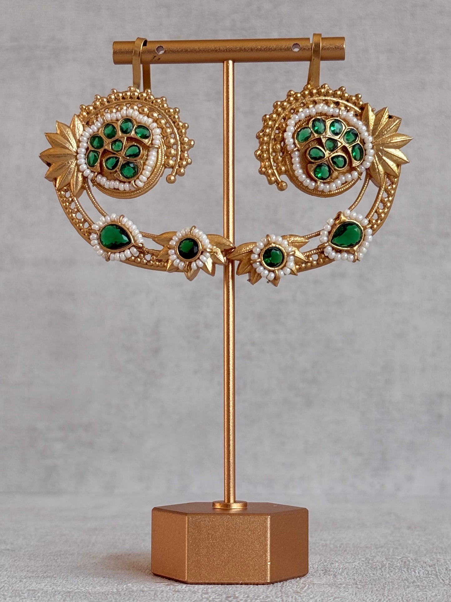 Ayura Designs Raatani Ear Climbers – Emerald Green Ear Climbers with Pearl Detailing & Floral Cutwork Design