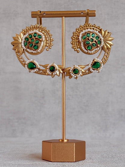 Ayura Designs Raatani Ear Climbers – Emerald Green Ear Climbers with Pearl Detailing & Floral Cutwork Design