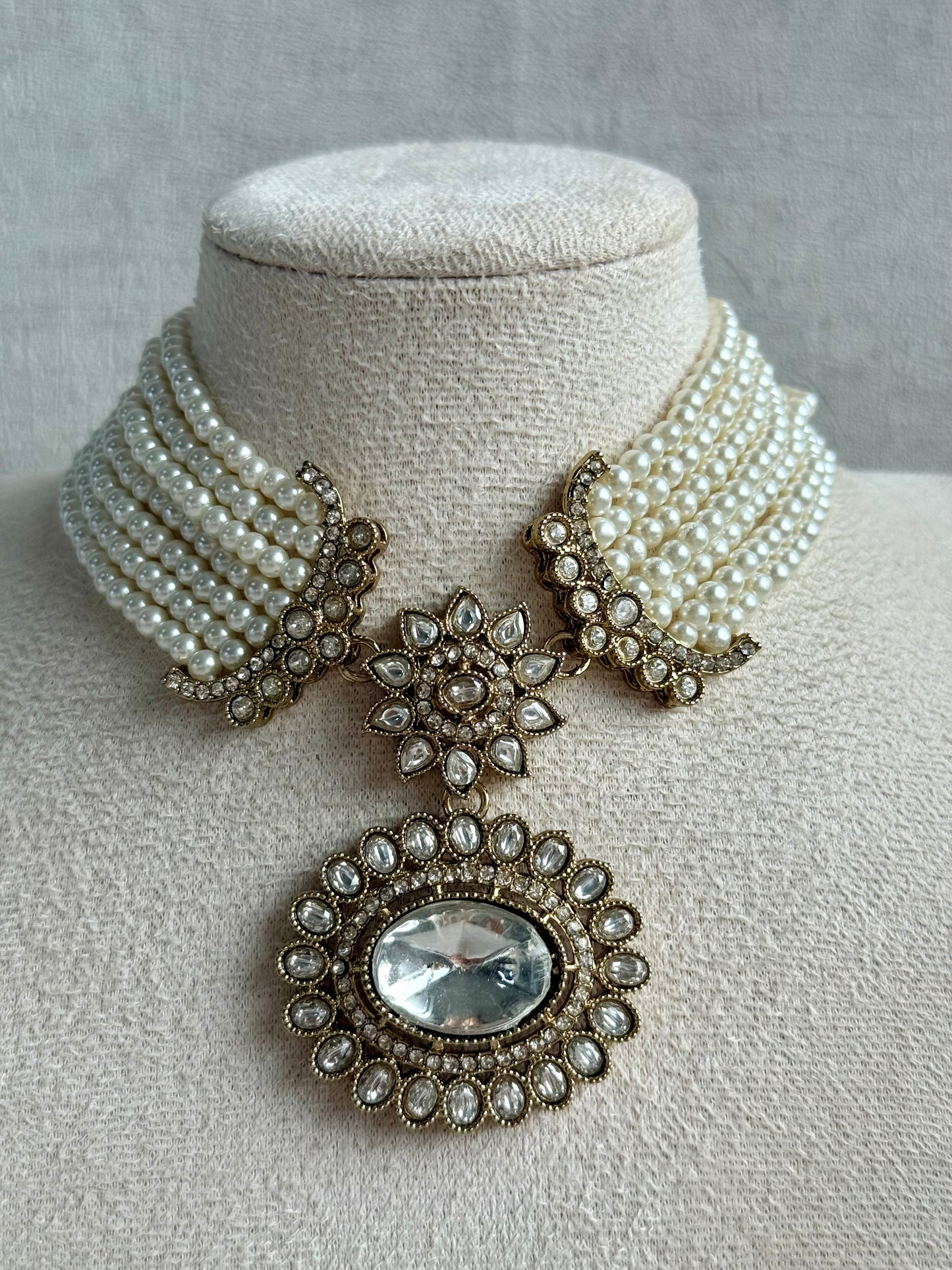 Ayura Designs Amaya Necklace Set with Studs – Antique Finish in Crystal Stones with Pearl Strands