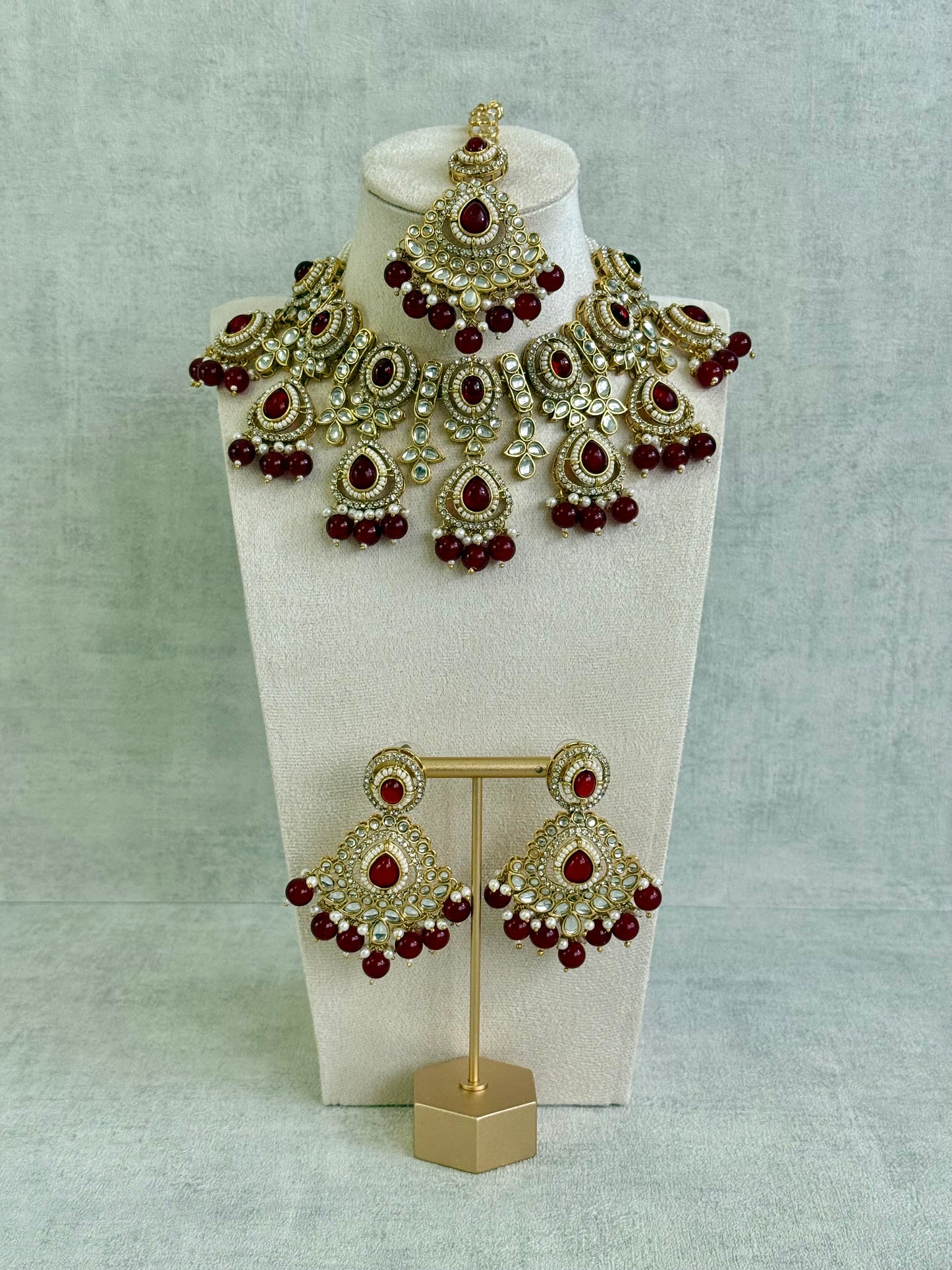 Ayura Designs Janvi Set with Necklace, Earrings & Tikka – Kundan Detailing, Ruby Red Beads & Ivory Pearl Drops