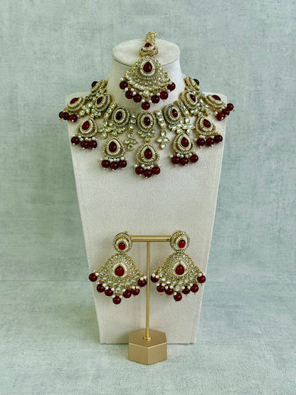Ayura Designs Janvi Set with Necklace, Earrings & Tikka – Kundan Detailing, Ruby Red Beads & Ivory Pearl Drops